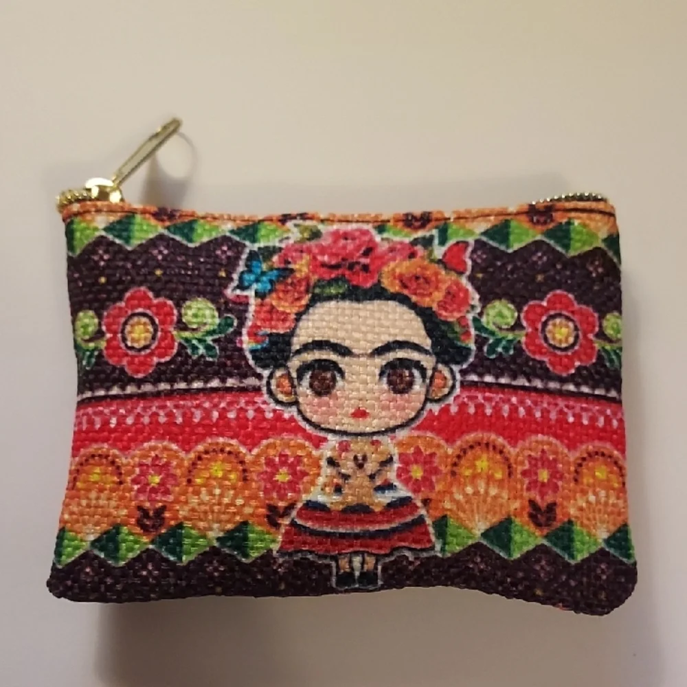 Frida Kahlo Coin Purse Makeup Bag Colorful Woven Patterned Women's Bag